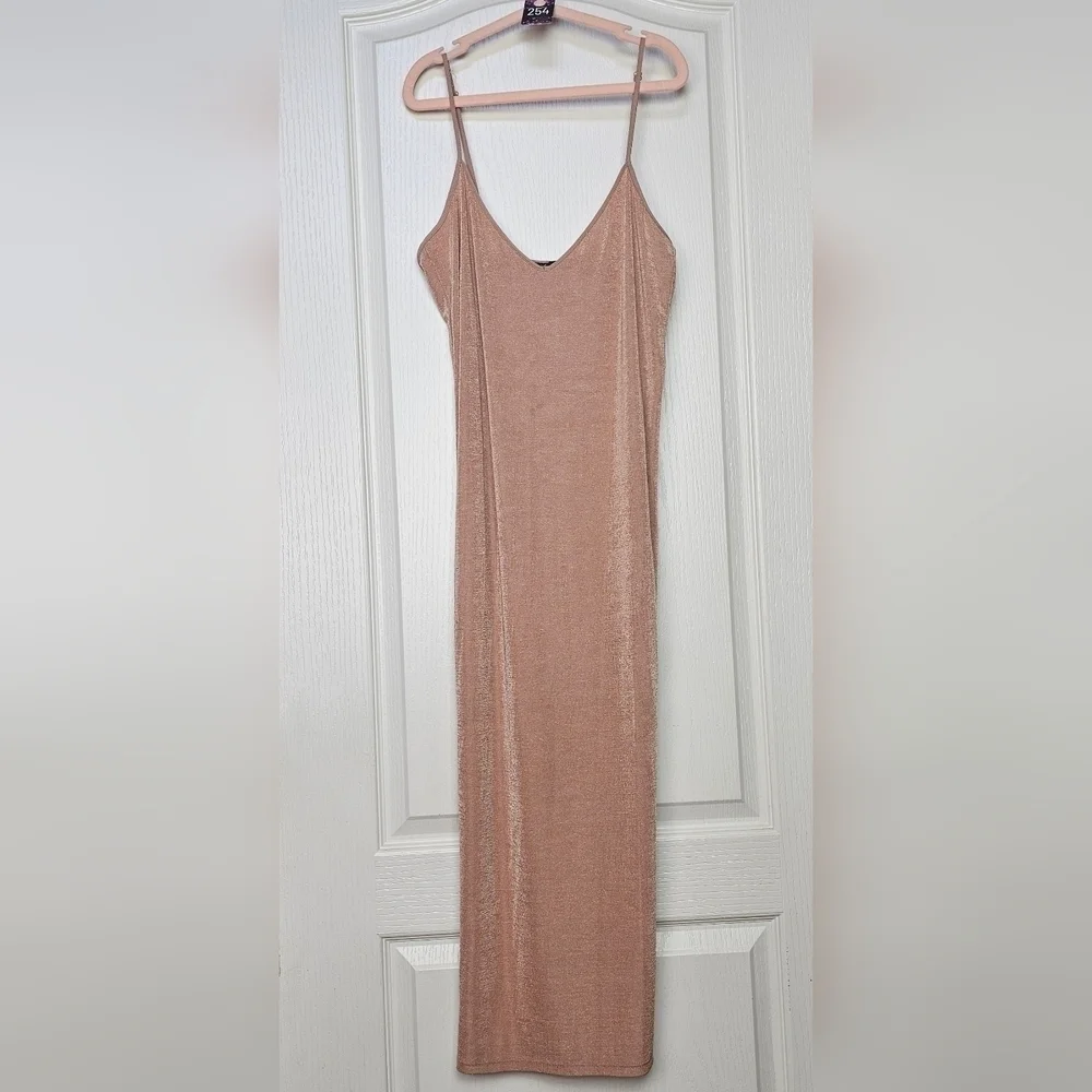 Zara Women's V-Neck Midi Slip Dress Adjustable Straps, Beige Color, SMALL